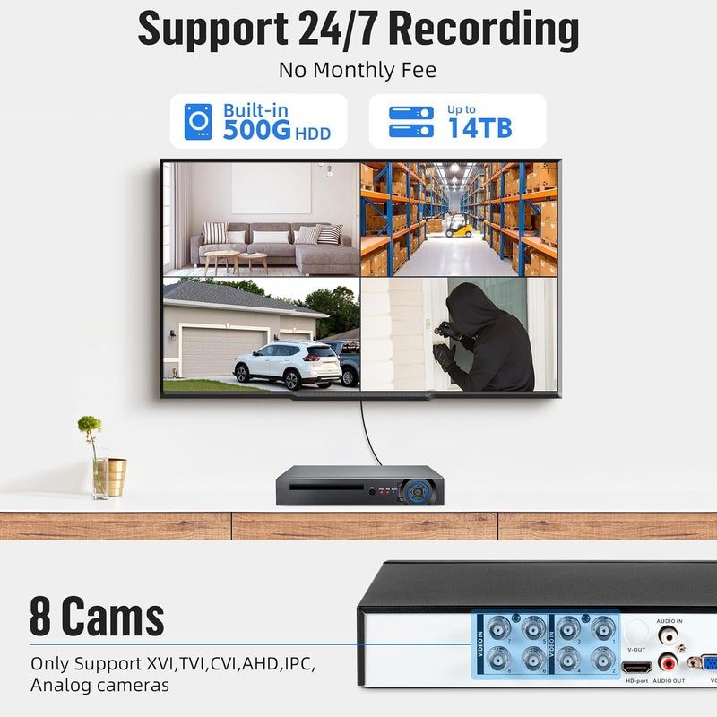 Fuers مجموعة DVR للمراقبة 8CH H.265+، نظام كاميرات الأمان مع 2 × 2592TVL 5MP كاميرات رصاصية سلكية IP66 للاستخدام الداخلي والخارجي، مع قرص صلب سعة 500G، تنبيه عبر البريد الإلكتروني - Image 2